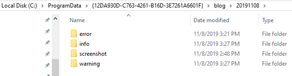 A day's error, info, screenshot and warning folders