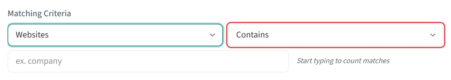 Match type list in the Matching Criteria field