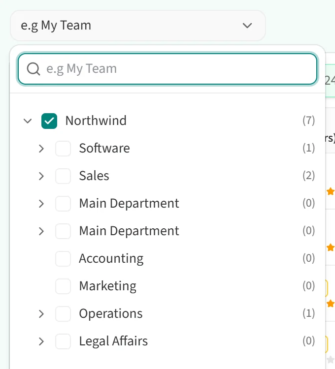The team picker open, showing the team tree
