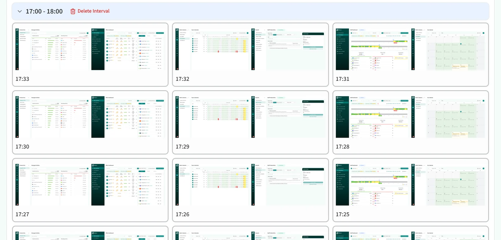 Screenshots: captures taken minute by minute in the 17:00 - 18:00 interval