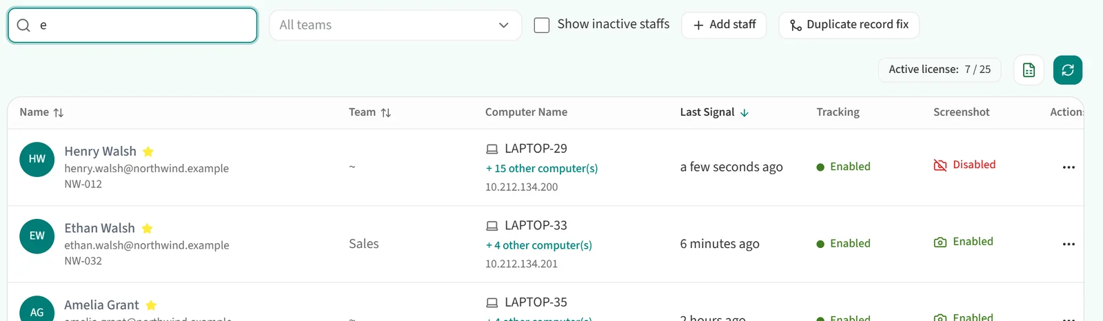 List filtered by typing in the Search staff box