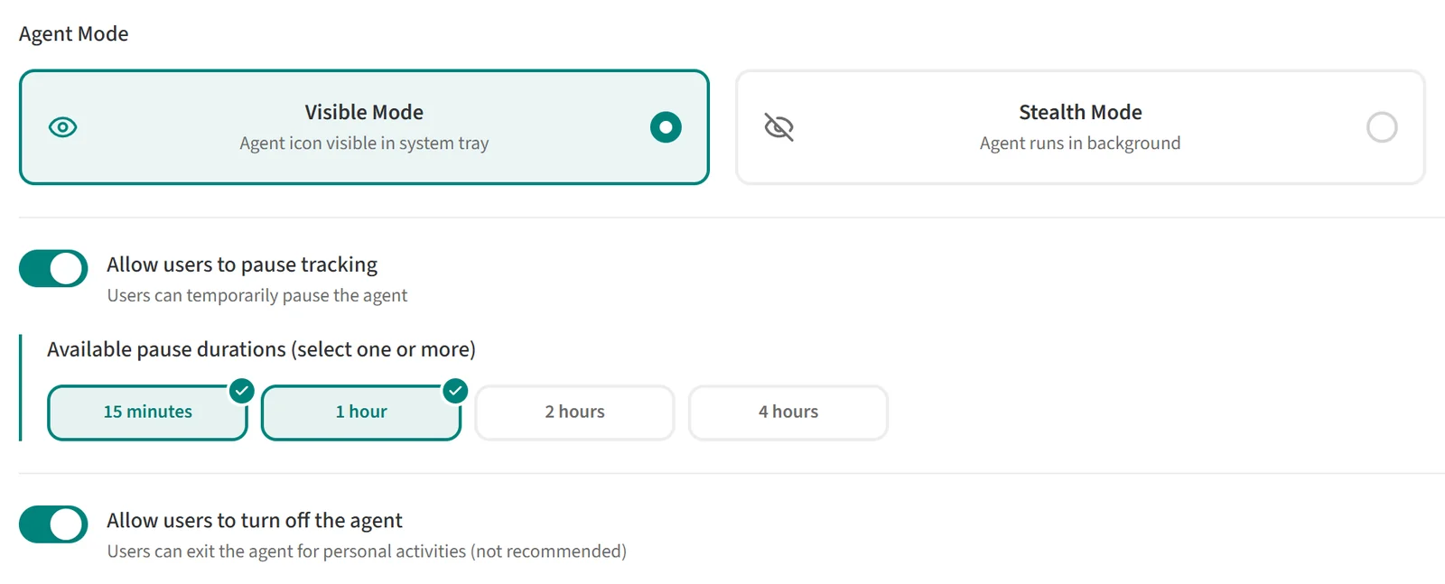 Pause tracking allowed, with 15 minutes and 1 hour selected