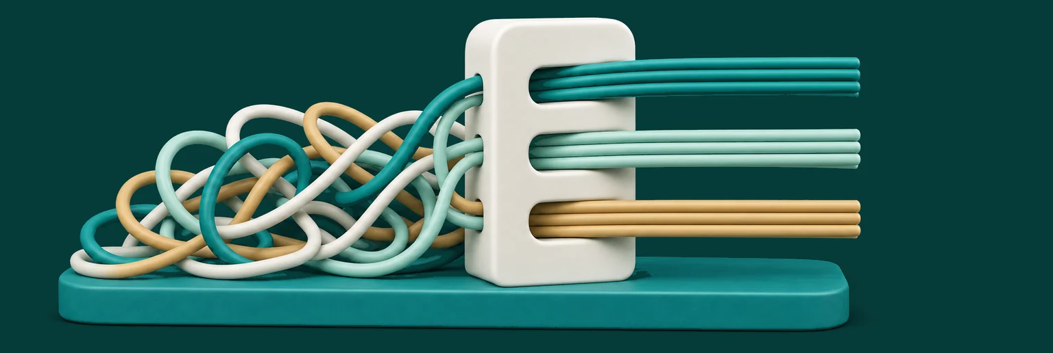 Tangled coloured cords on a turquoise base pass through an ivory sorter and come out as three tidy bundles in turquoise, mint and sand.
