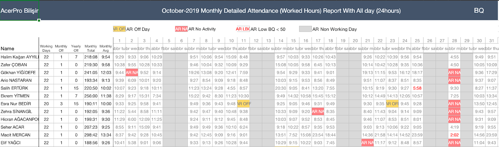 Working Hours Timesheet tab in the Excel report