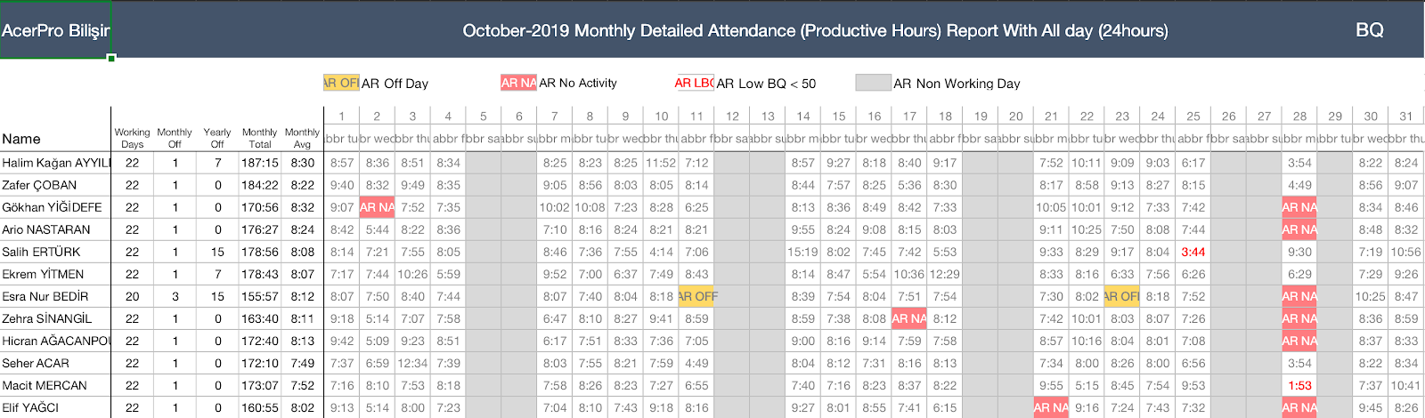 Productive Hours Timesheet tab in the Excel report